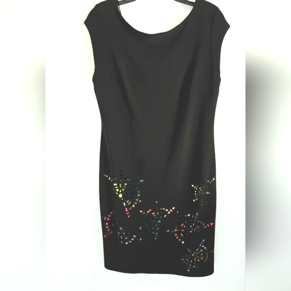 Joseph Ribkoff Black cut out dress multi-color lining Sleeveless